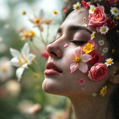 The primary subject of the image is a woman with a flower crown on her head. She is surrounded by a variety of flowers, including pink and yellow ones. The setting is a garden, with the woman standing in the middle of the flowers. The visual style of the image is a combination of photo and digital art, creating a vibrant and lively atmosphere. The dominant colors in the image are pink, yellow, and white, which contribute to the overall mood of the scene.
